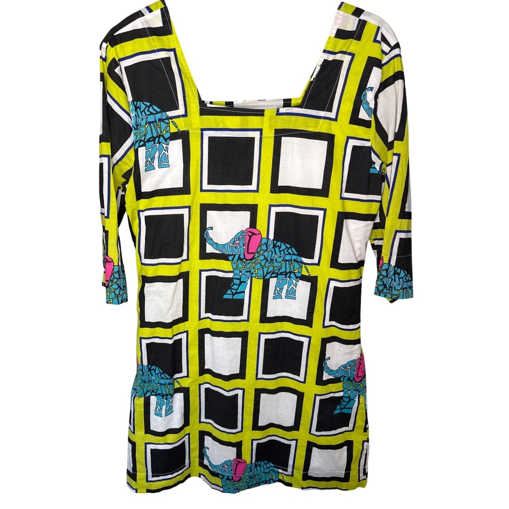Tracy Negoshian Graphic Geometric Square Elephant Print Shift Dress size MD